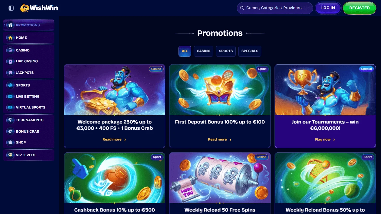 Wishwin Casino desktop promotions area